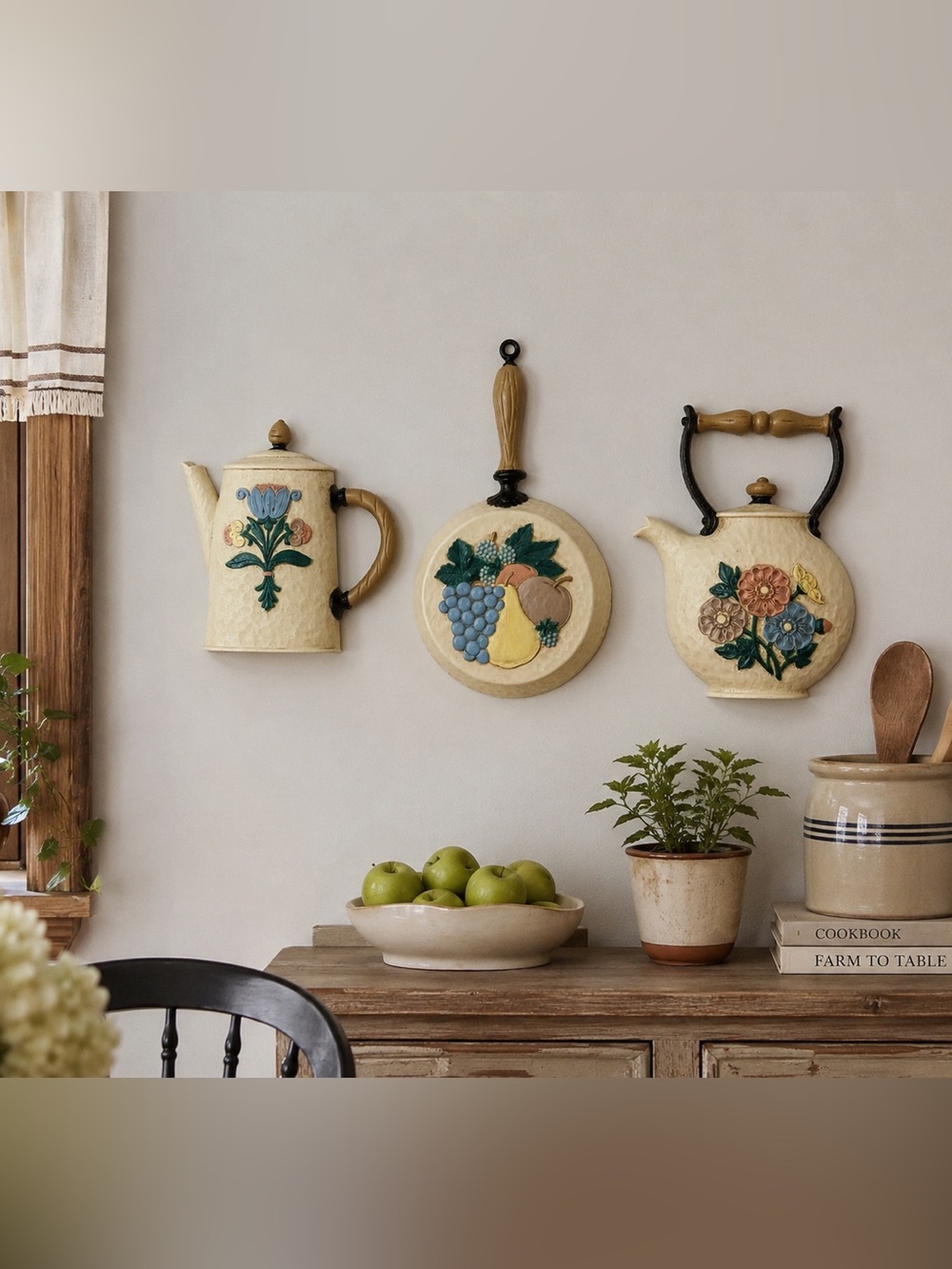 Vintage 3-Piece Country Kitchen Wall Plaque Set Teapot, Skillet & Coffee Pot